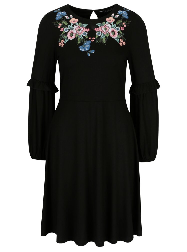 Rochie Neagra Cu Broderie Florala Si Maneci Balon Dorothy