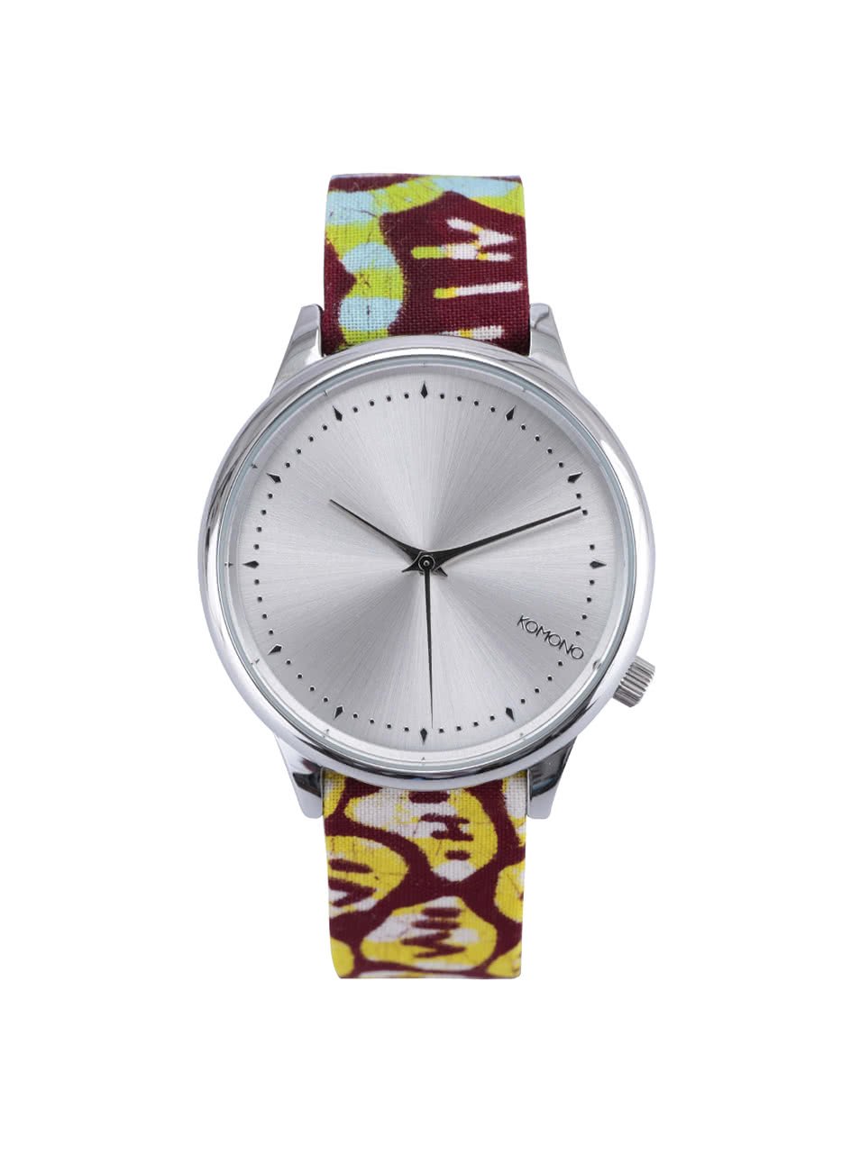 Dámské hodinky ve stříbrné barvě s vínovým vzorovaným textilním páskem Komono Estelle Silver