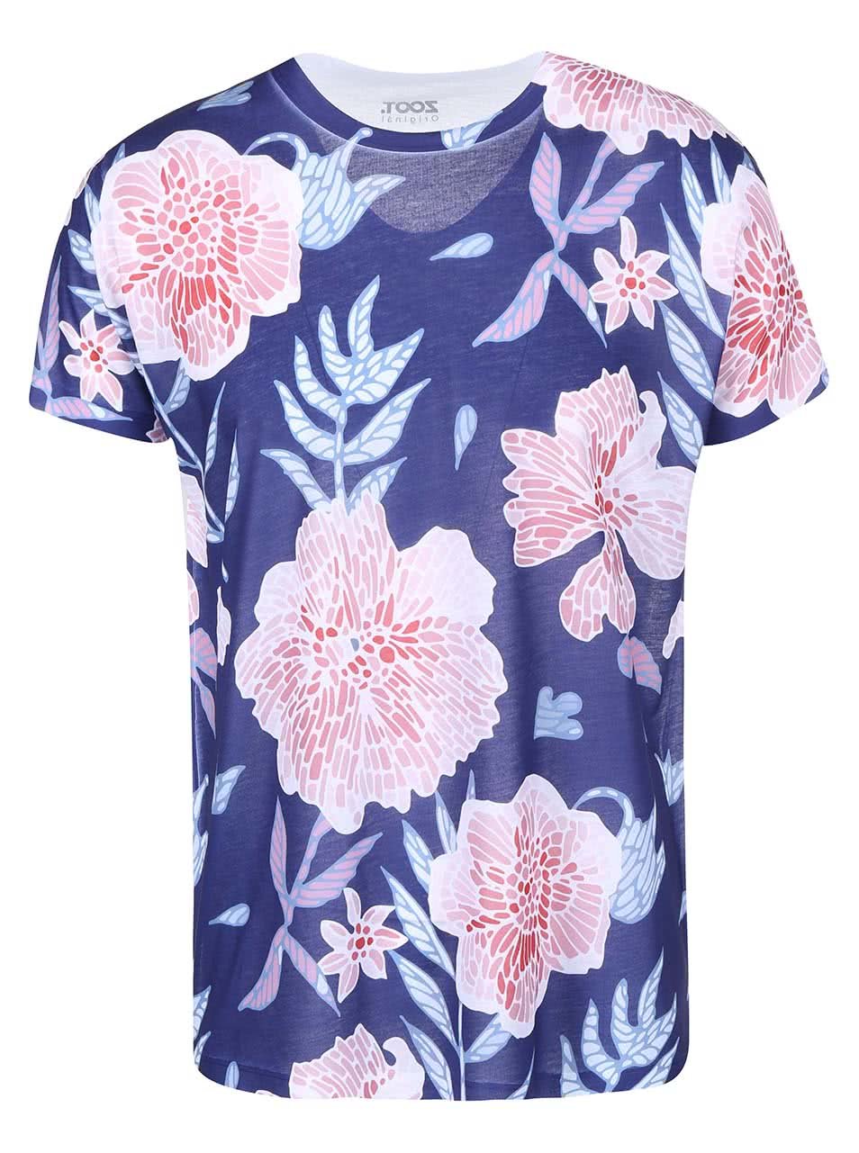 Modré pánské triko s růžovými květy ZOOT Originál Květiny