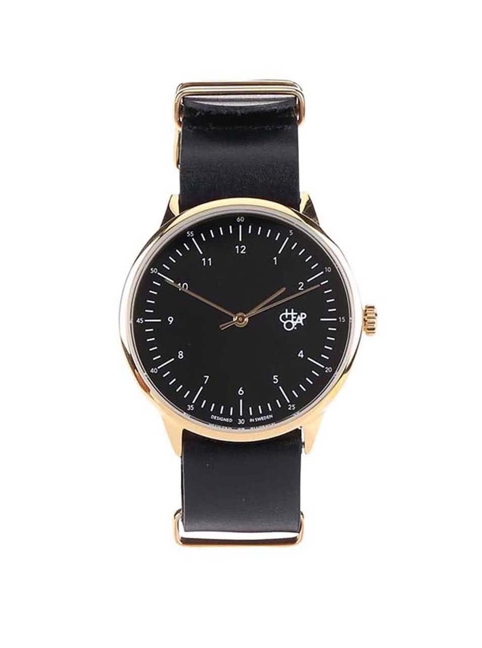 Unisex hodinky ve zlaté barvě s černým koženým páskem Cheapo Harold Gold