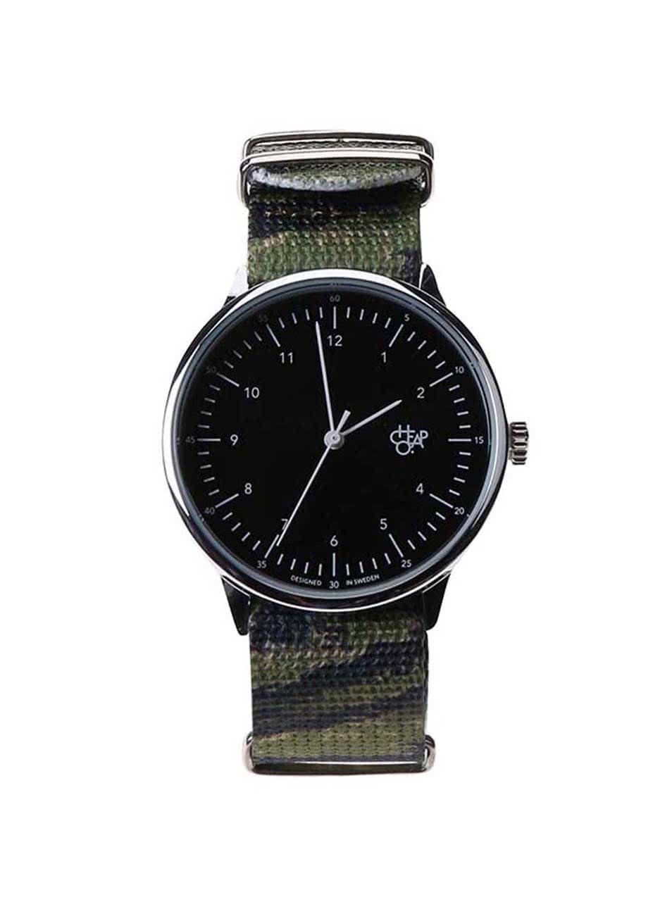 Pánské hodinky ve stříbrné barvě se zeleným maskáčovým textilním páskem hodinky Cheapo Harold Tiger Camo