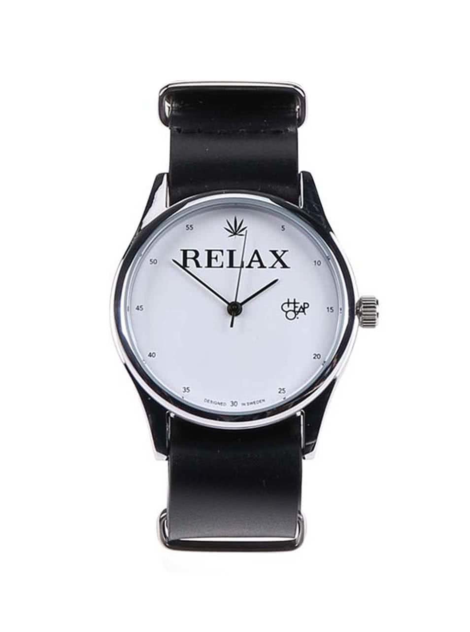 Unisex hodinky ve stříbrné barvě s černým koženým páskem Cheapo Relax