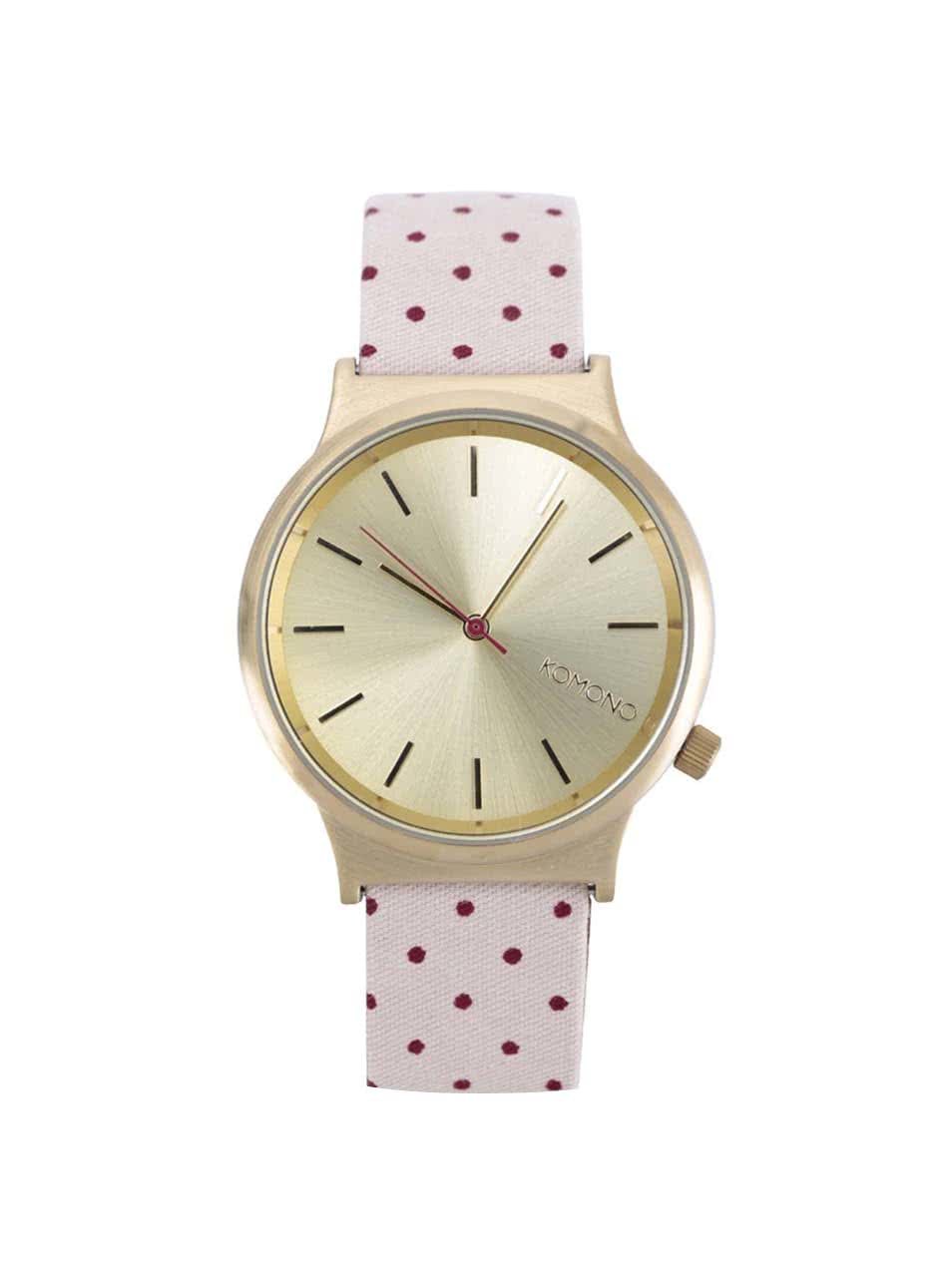 Unisex hodinky ve zlaté barvě s růžovým puntíkovaným textilním páskem Komono Wizard Print