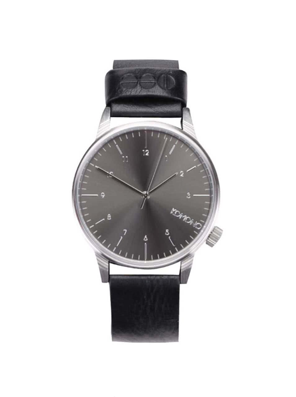 Unisex hodinky ve stříbrné barvě s černým koženým páskem Komono Winston Regal