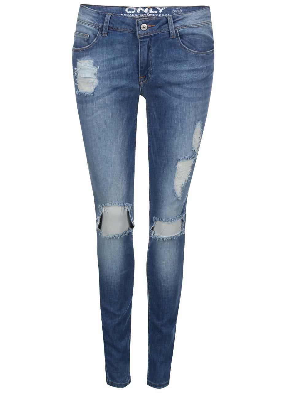 Modré skinny džíny s potrhaným efektem ONLY Coral Low