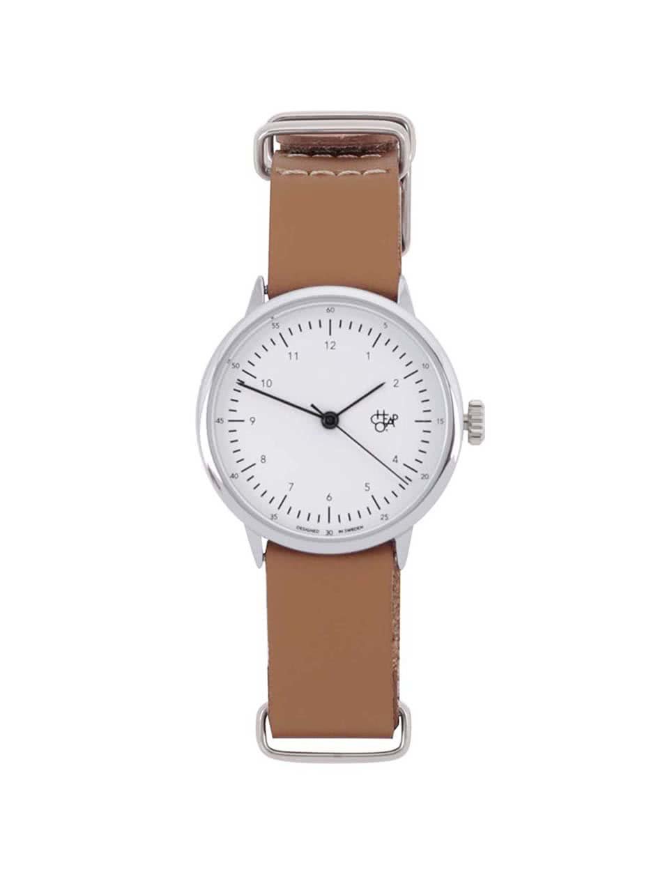 Dámské hodinky ve stříbrné barvě s hnědým koženým páskem Cheapo Harold Mini