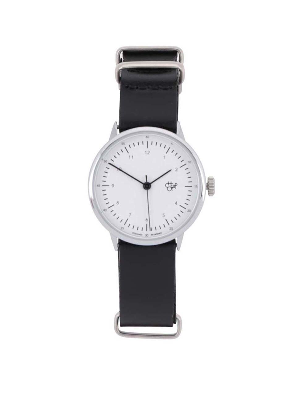 Dámské hodinky ve stříbrné barvě s černým koženým páskem Cheapo Harold Mini