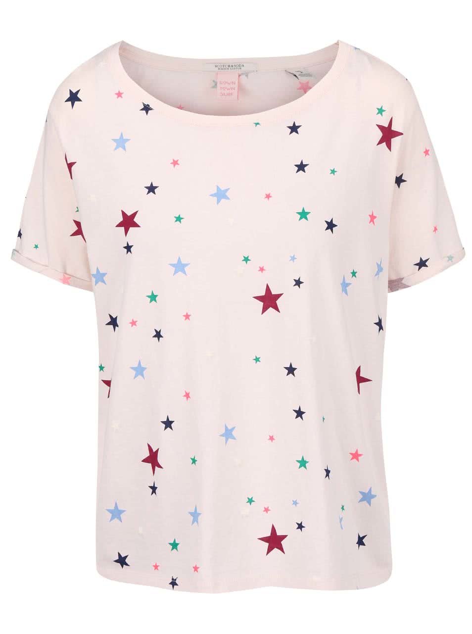Světle růžové tričko s barevnými hvězdičkami Maison Scotch