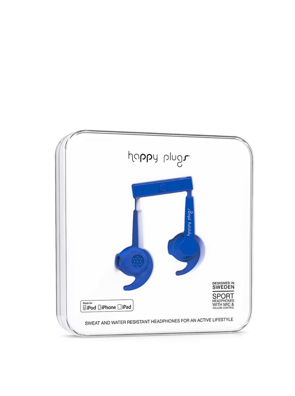 Modrá sportovní sluchátka Happy Plugs