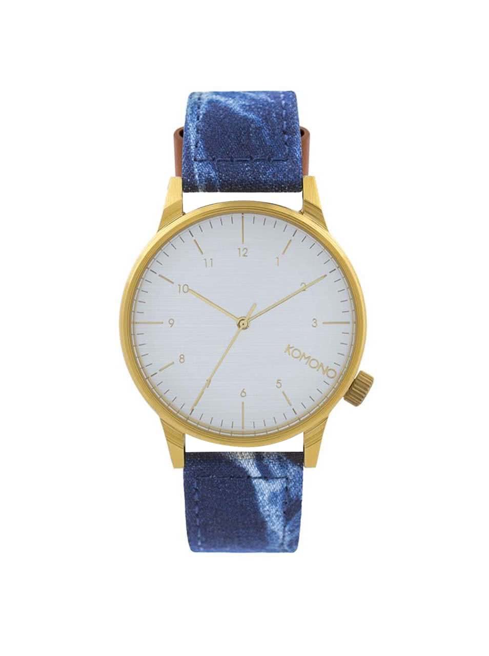 Pánské hodinky ve zlaté barvě s tmavě modrým vzorovaným textilním páskem Komono Winston Heritage