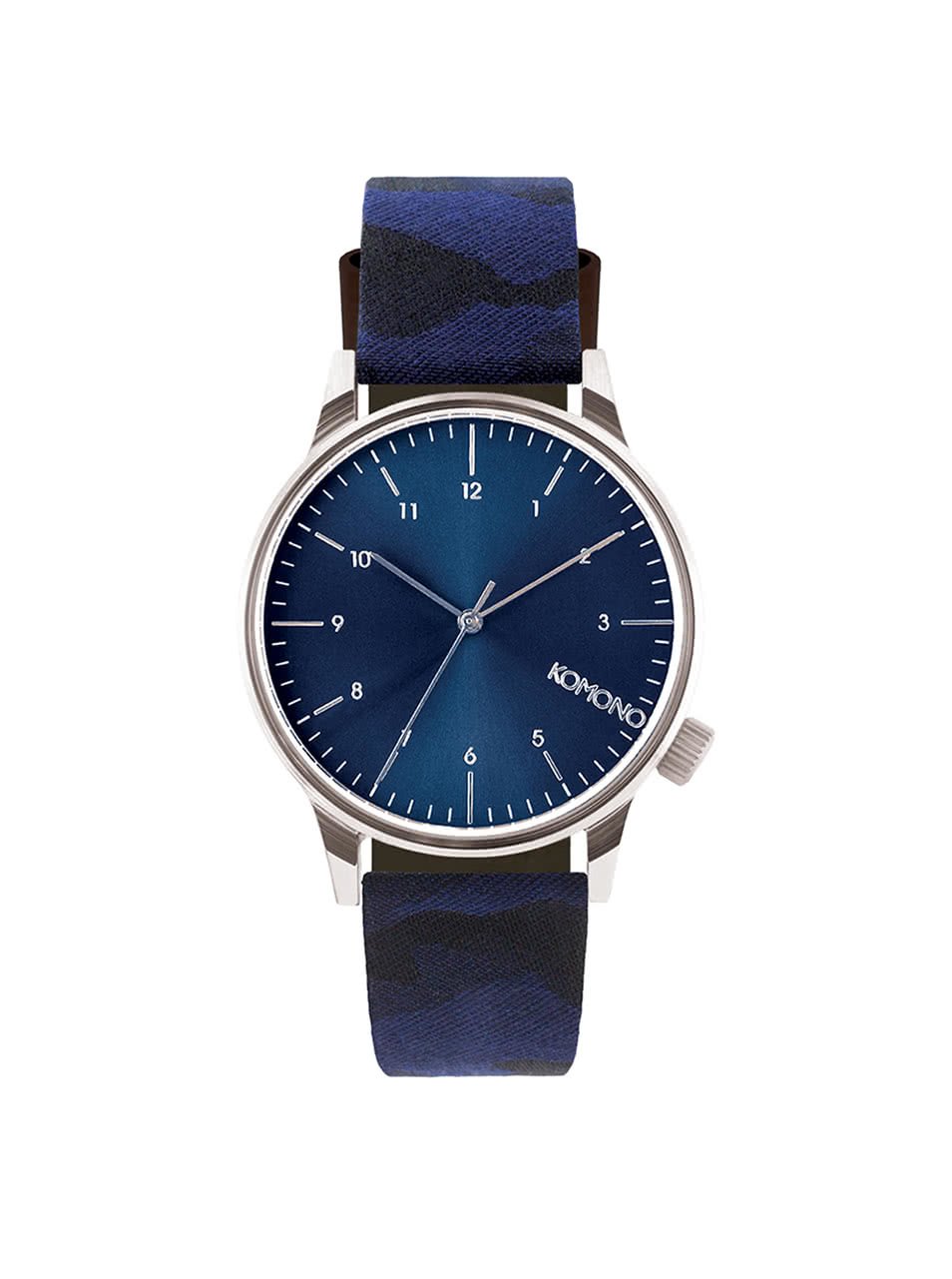 Pánské hodinky ve stříbrné barvě s tmavě modrým camo vzorovaným textilním páskem Komono Winston Print