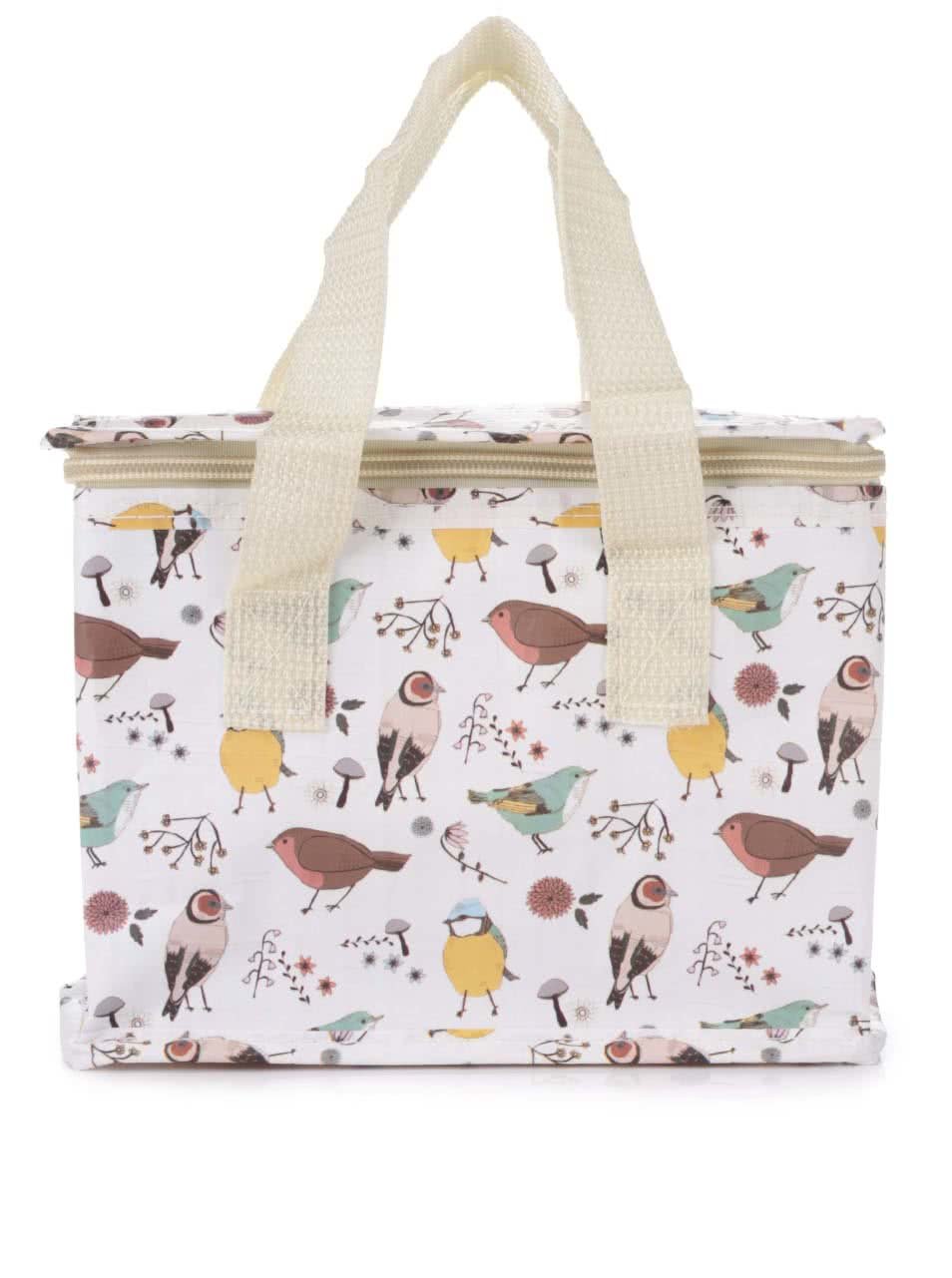 Žluto-bílá taška na jídlo s potiskem ptáčků Sass & Belle British birds