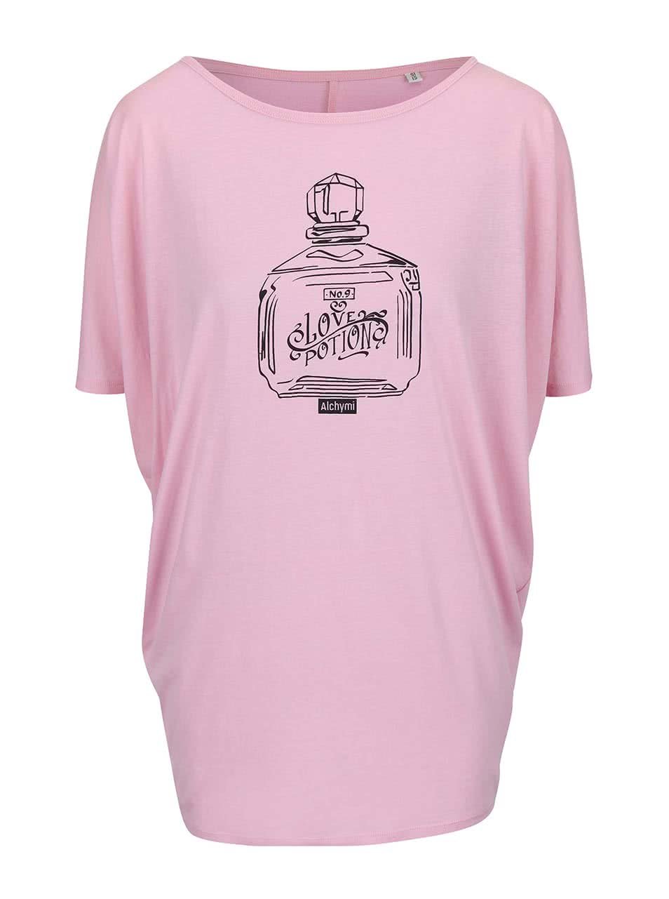 Růžové volné tričko s potiskem Alchymi Potion