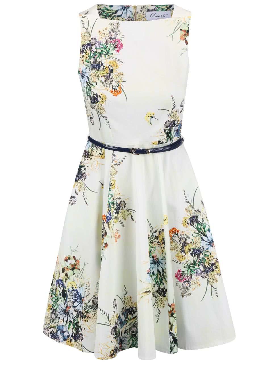 Krémové květinové šaty s páskem Closet