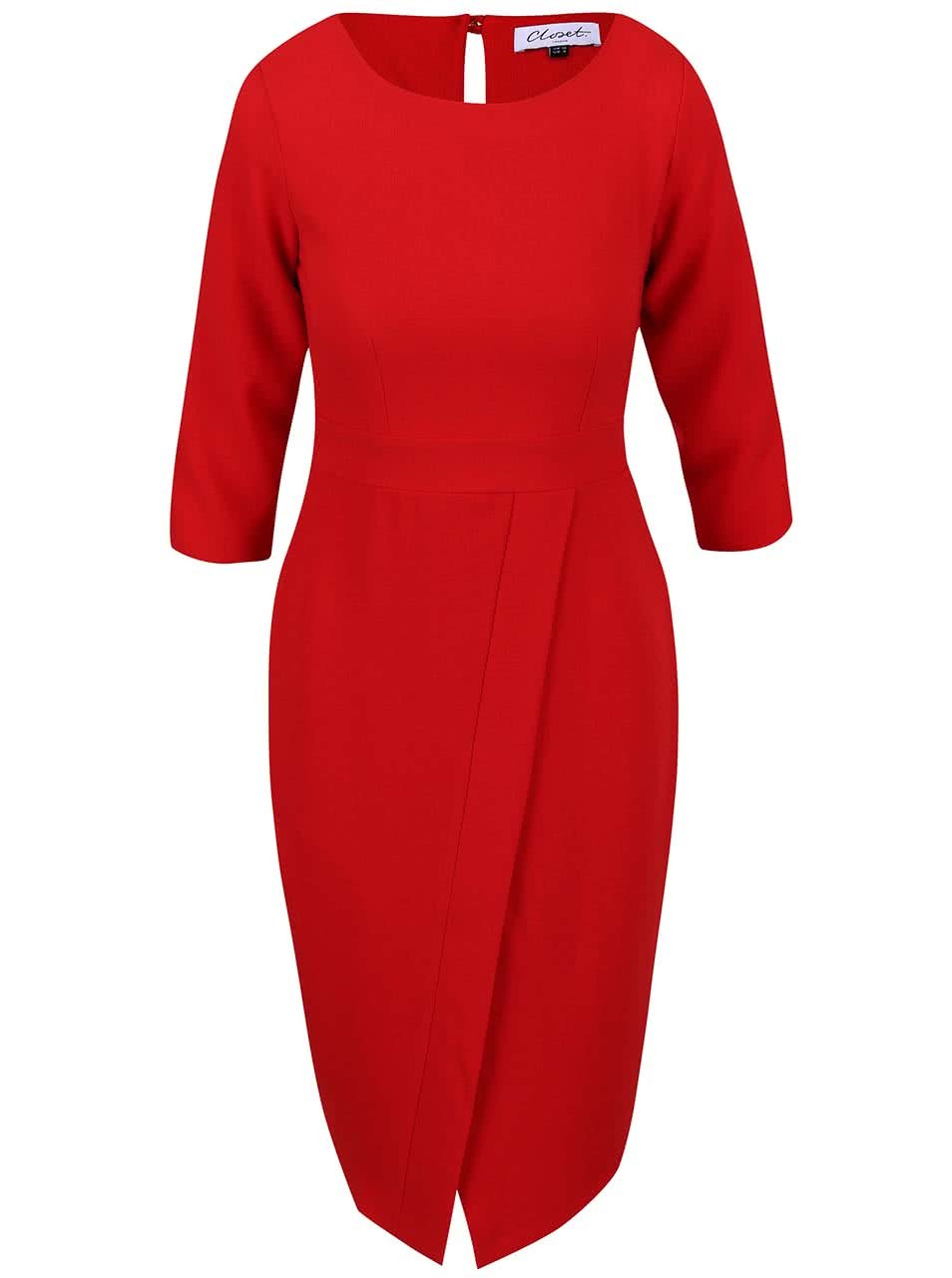 Červené šaty s rozparkem na přední straně a 3/4 rukávem Closet