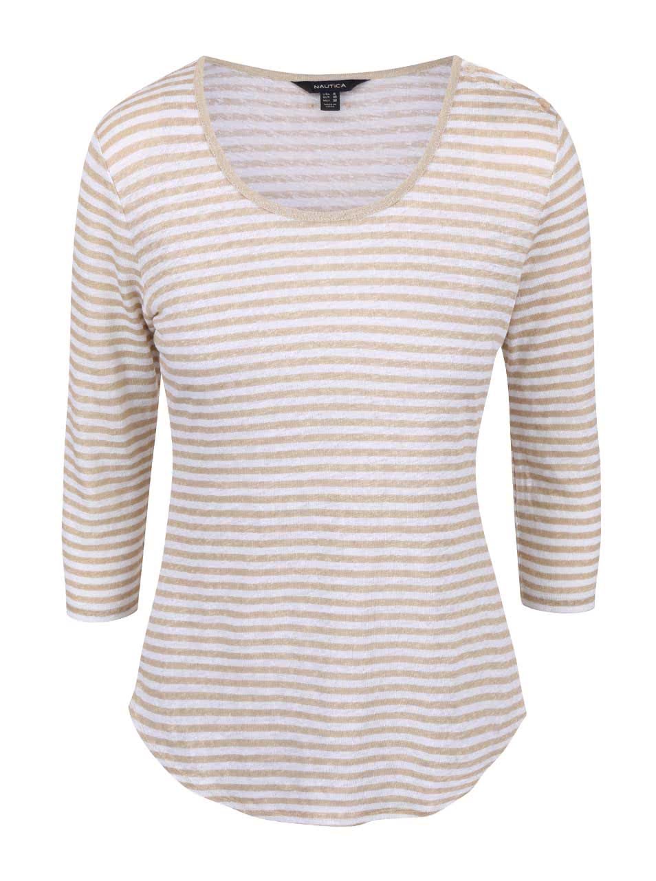 Krémovo-béžové dámské lněné pruhované tričko s 3/4 rukávem Nautica