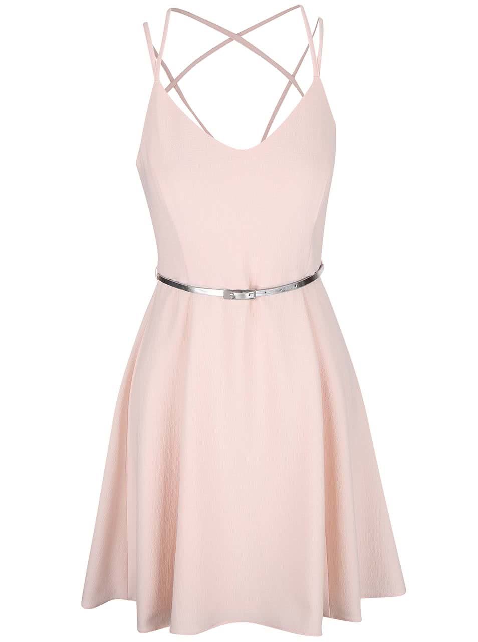 Světle růžové šaty s páskem ve stříbrné barvě Miss Selfridge