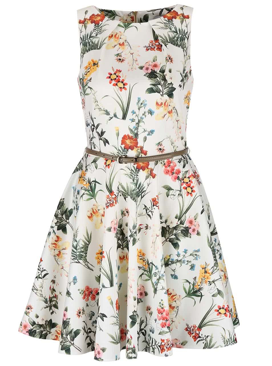 Krémové květované šaty s béžovým páskem Closet