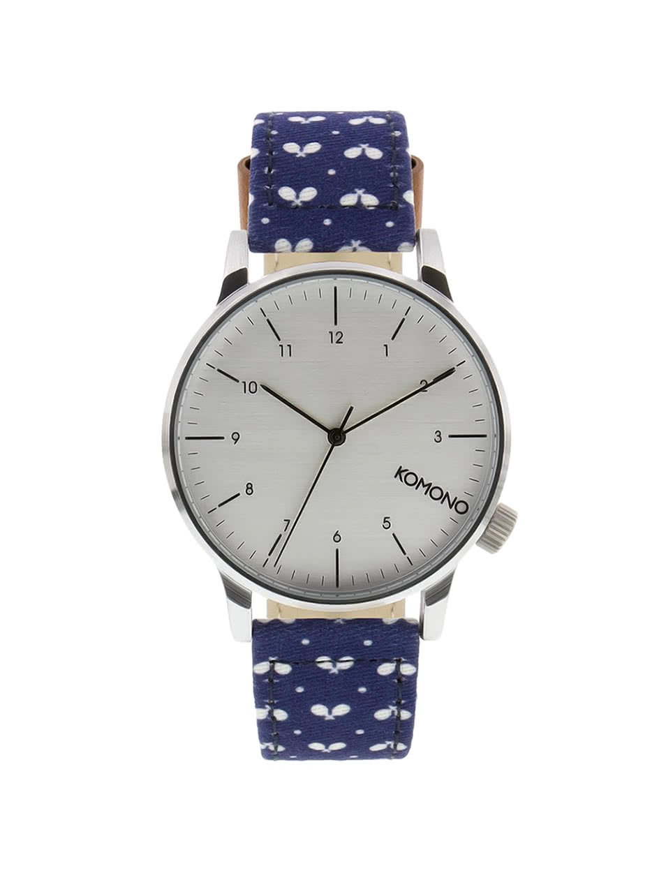 Pánské hodinky ve stříbrné barvě s modrým vzorovaným textilním páskem Komono Winston Print