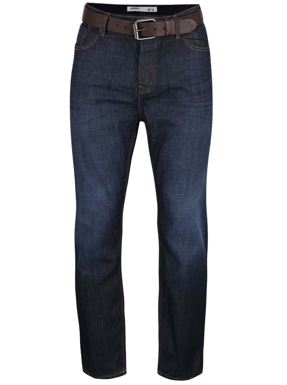 Tmavě modré rovné džíny s hnědým páskem Burton Menswear London