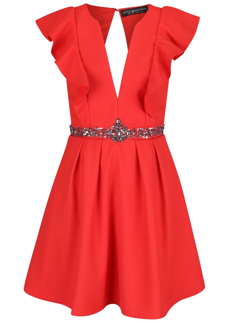Červené šaty s hlubokým dekoltem a volány Little Mistress