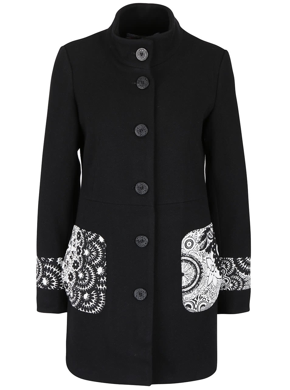 Černý kabát s detaily v krémové barvě Desigual Malta
