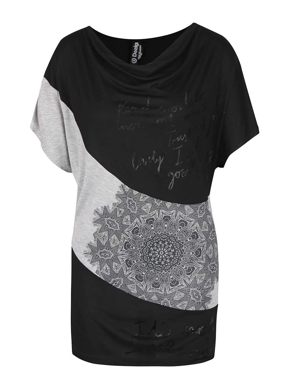 Šedo-černé volnější vzorované tričko Desigual Suiza