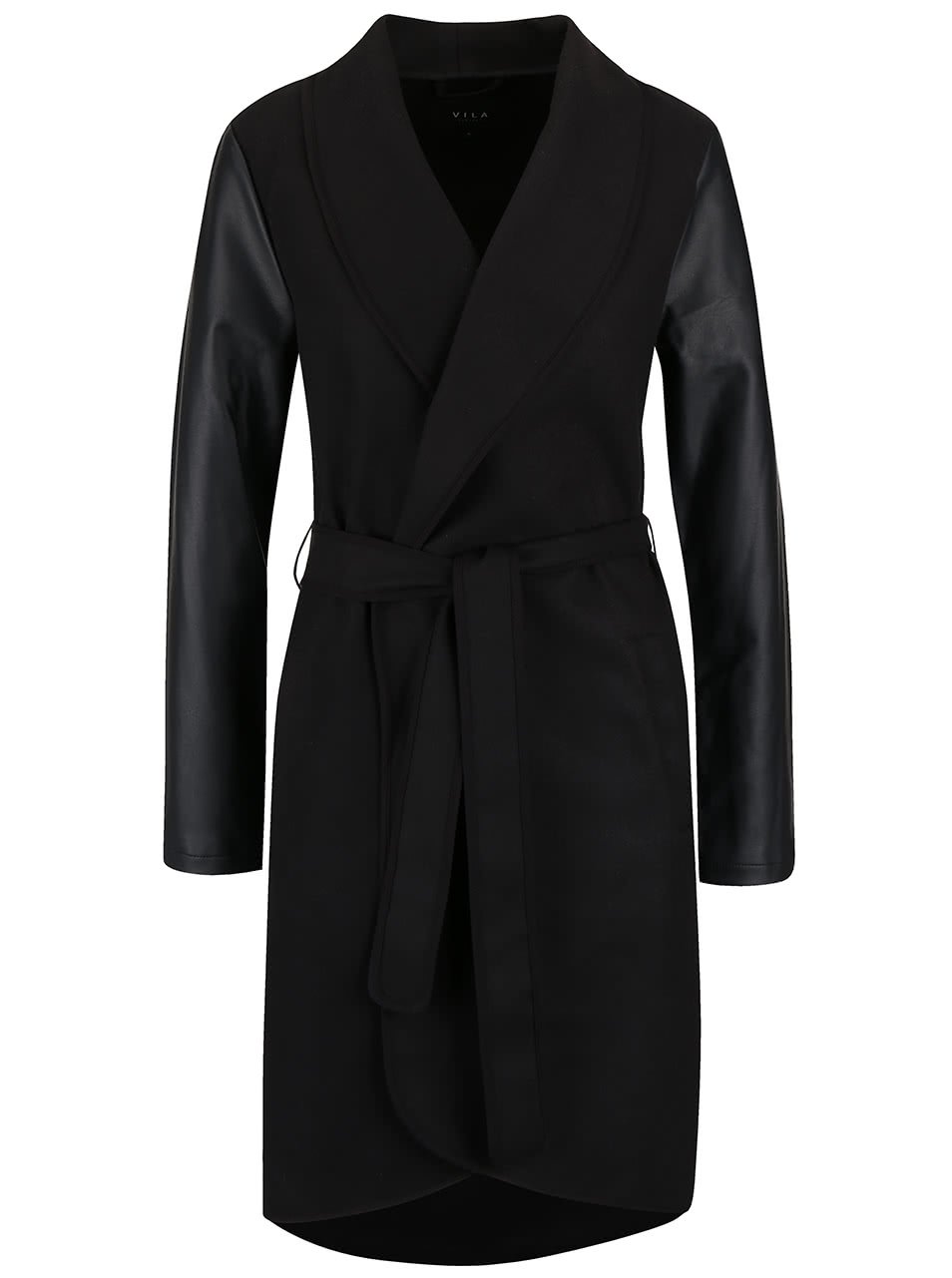 Černý lehký kabát s koženkovými rukávy a páskem VILA Ida