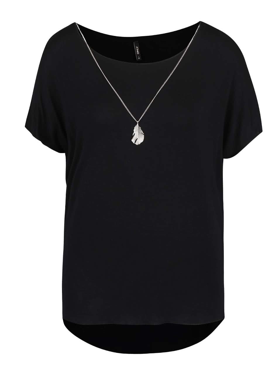 Černé tričko s ozdobným pírkem na řetízku ve stříbrné barvě ONLY Sylvia