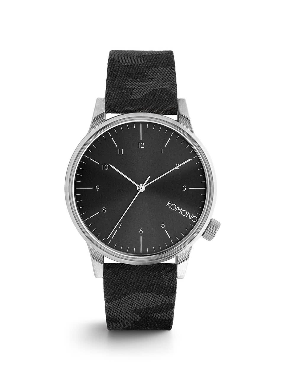 Pánské hodinky ve stříbrné barvě s šedo-černým vzorovaným textilním páskem Komono Winston Print