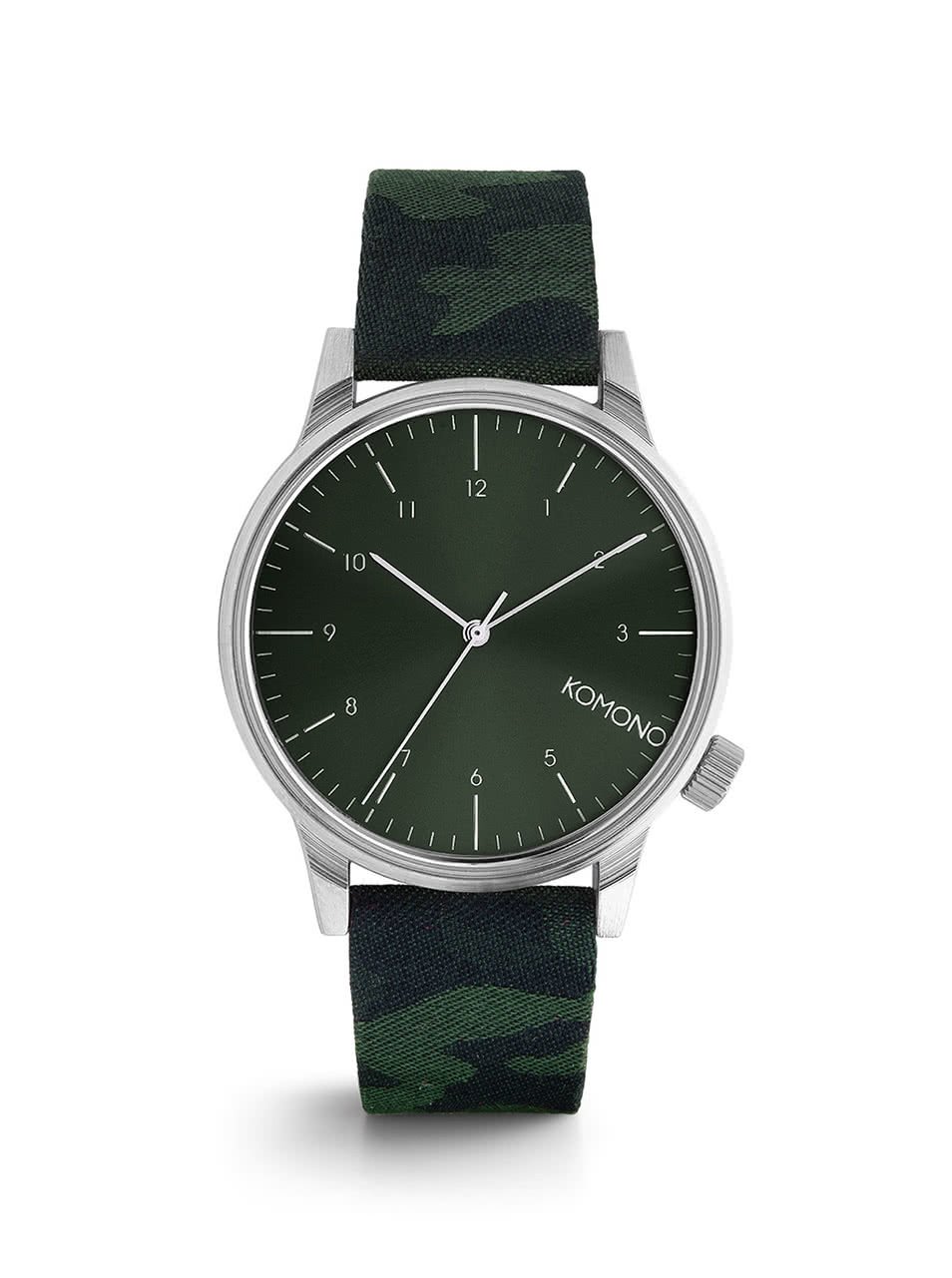 Pánské hodinky ve stříbrné barvě s tmavě zeleným camo vzorovaným textilním páskem Komono Winston Print
