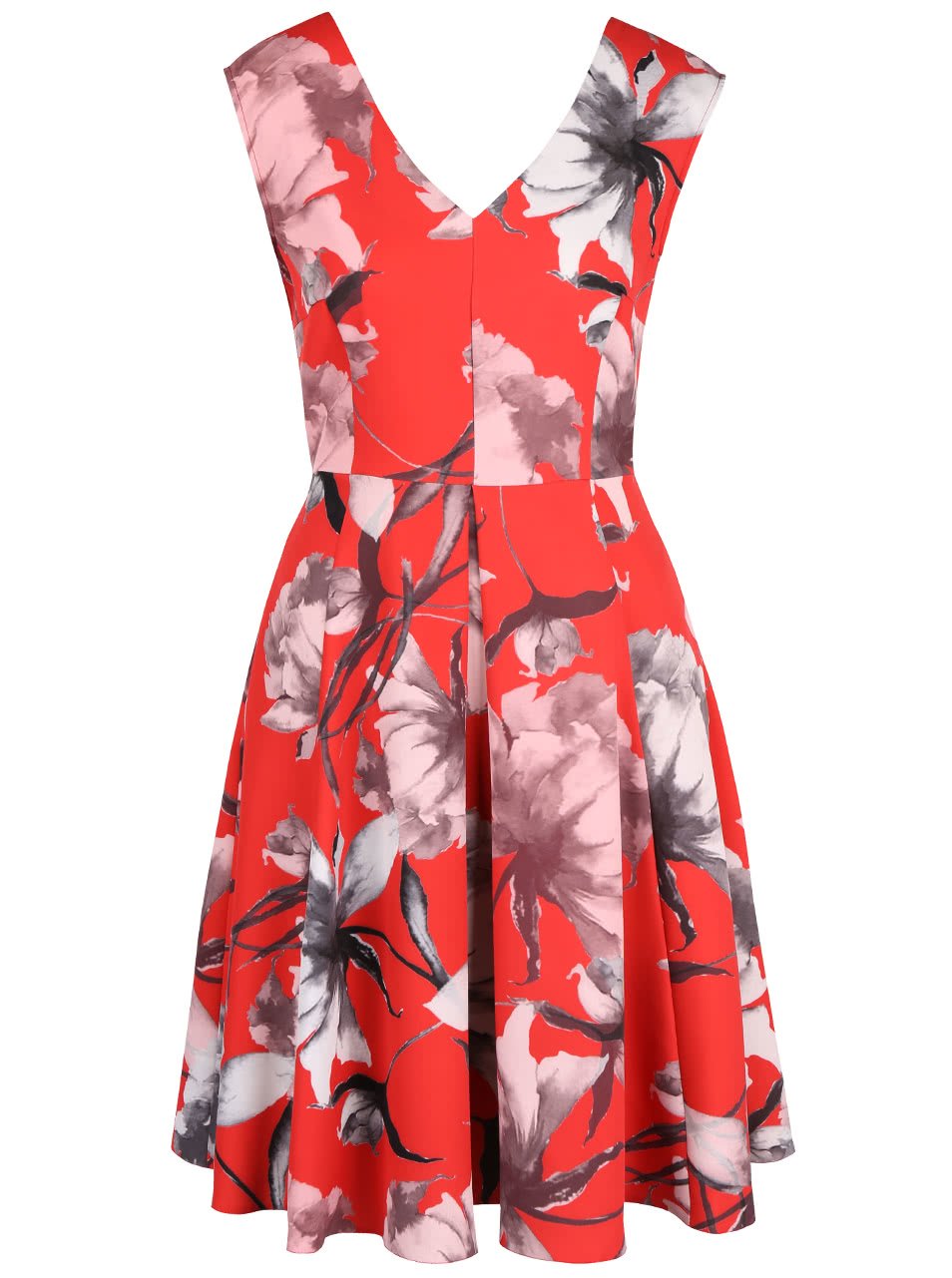 Červené květované šaty s véčkovým výstřihem Closet