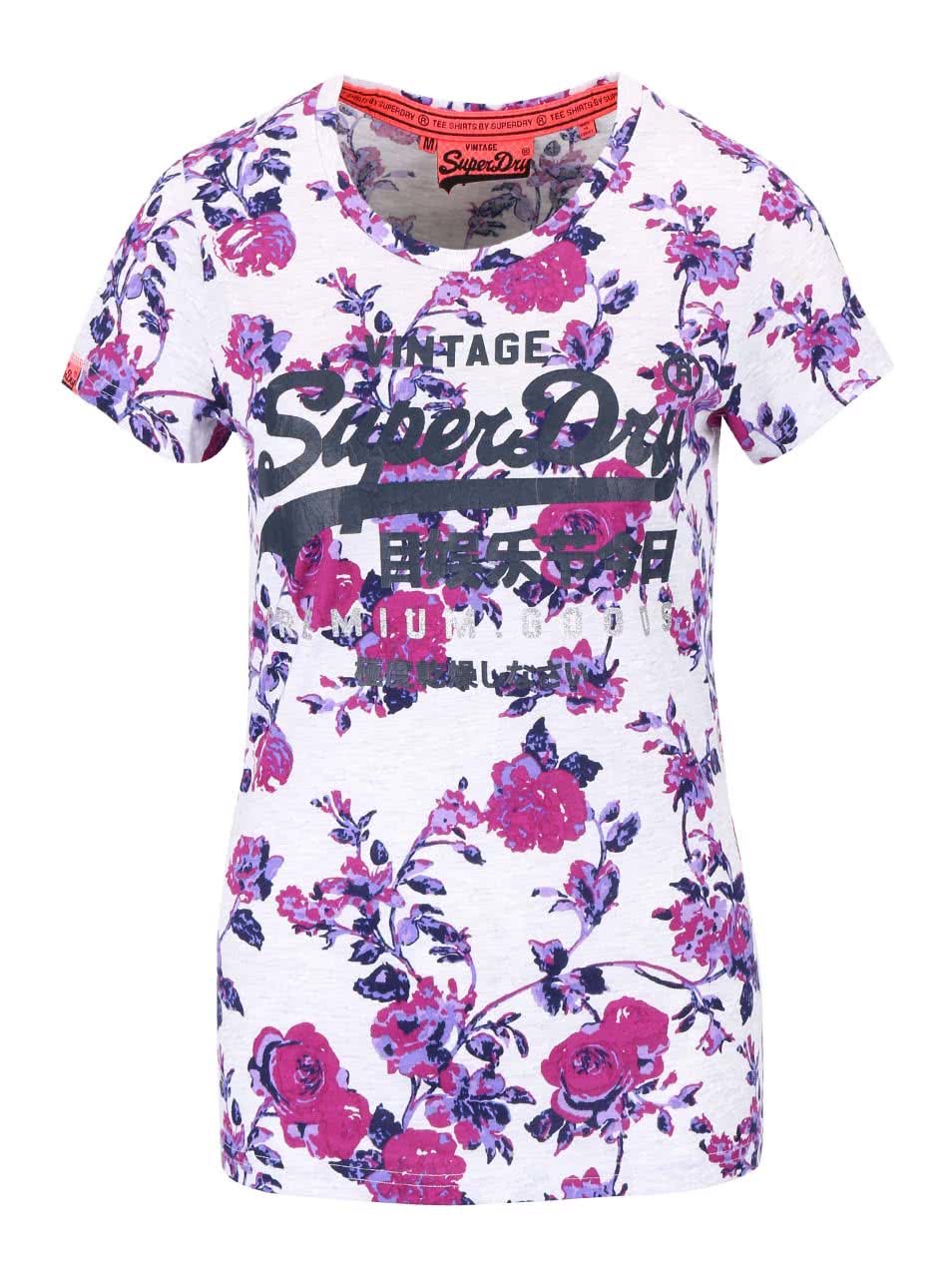 Krémové dámské květované tričko s nápisem Superdry