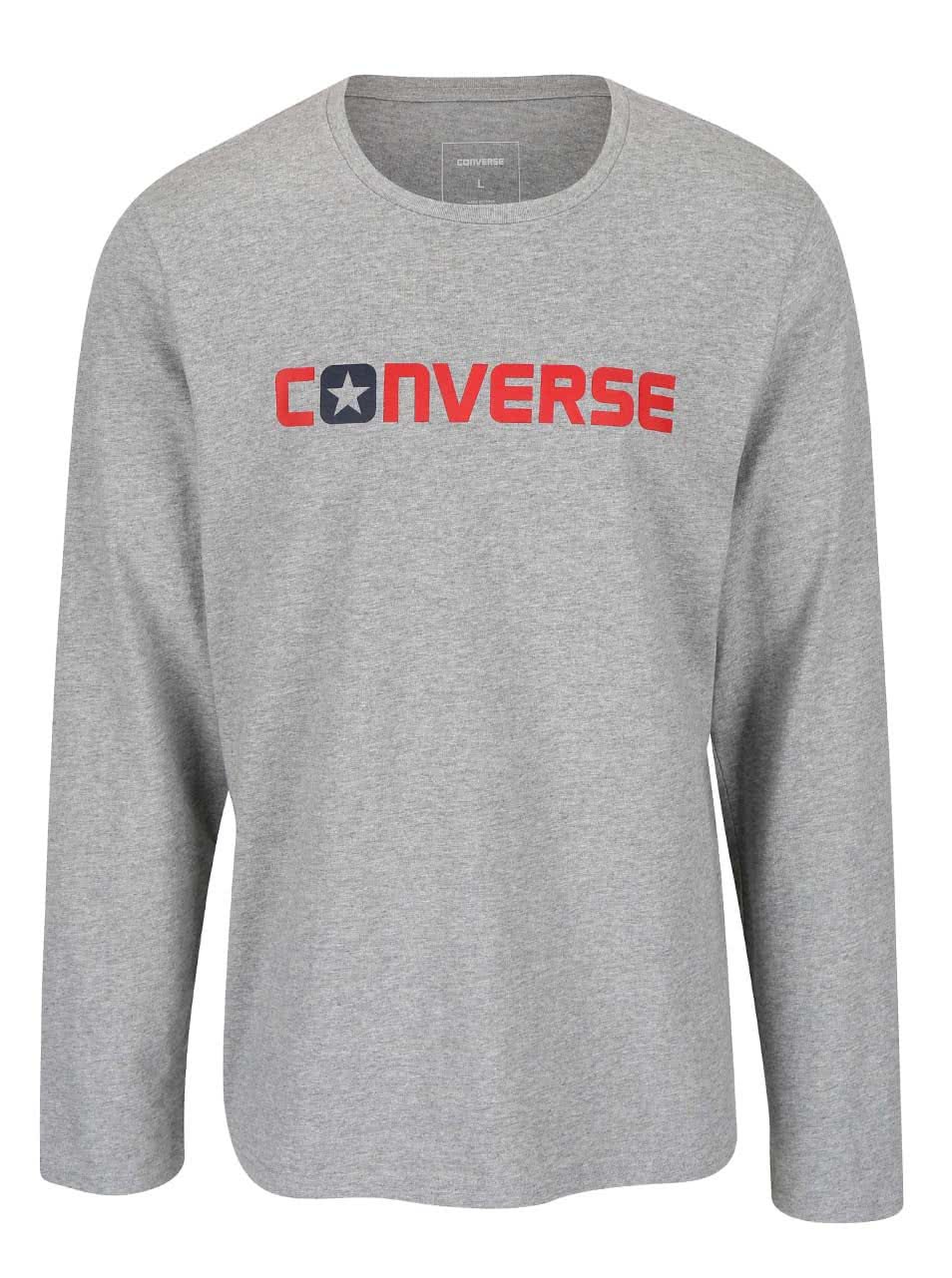 Šedé pánské triko s nápisem a dlouhým rukávem Converse