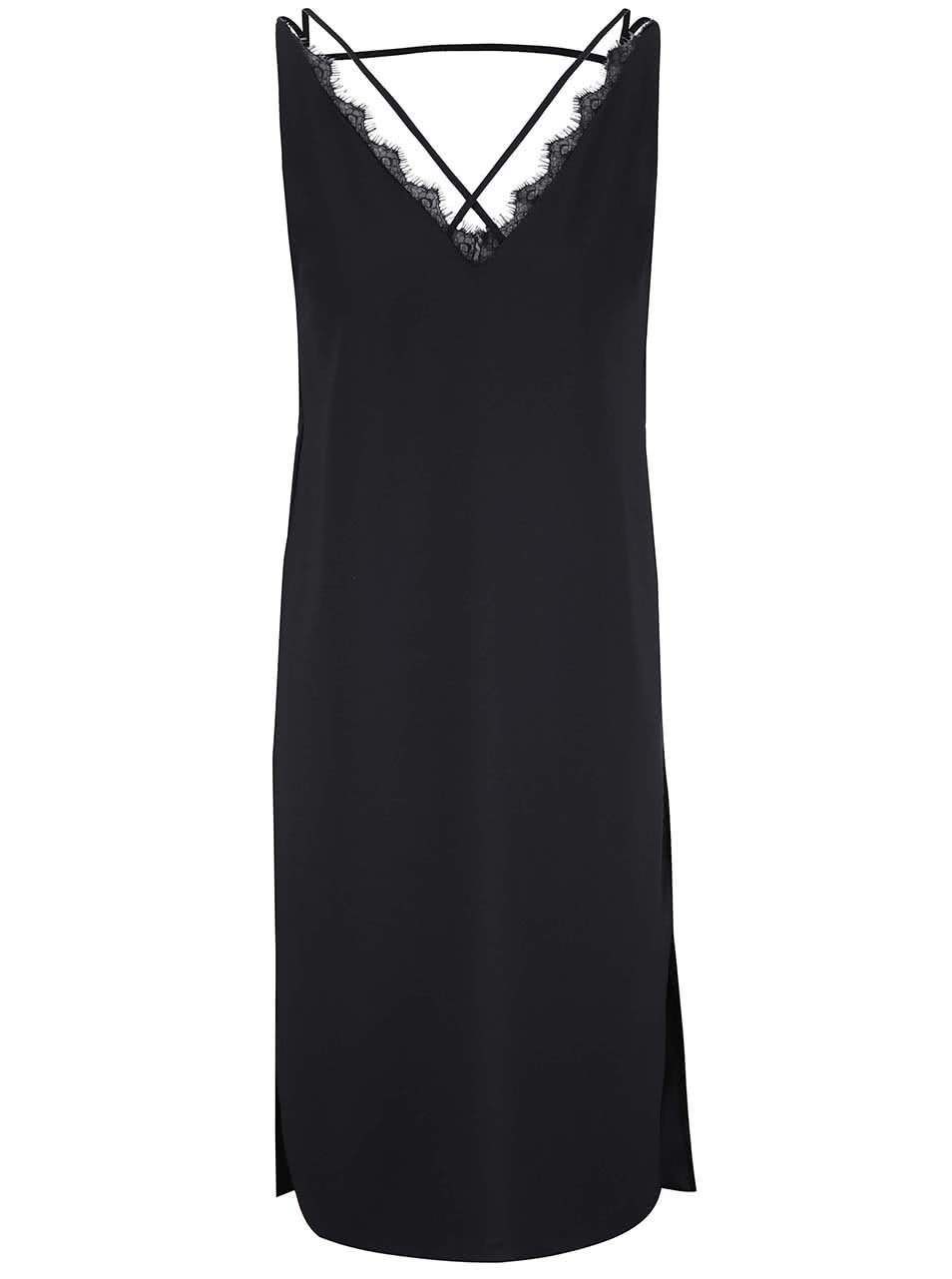 Černé lehké šaty s krajkovým detailem ve výstřihu Miss Selfridge