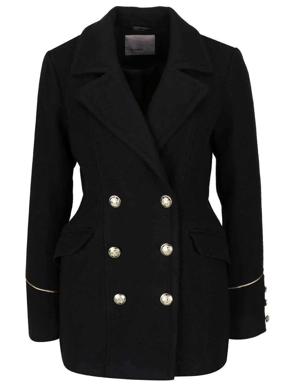 Černý dvouřadý kabát s detaily ve zlaté barvě Vero Moda Sweety
