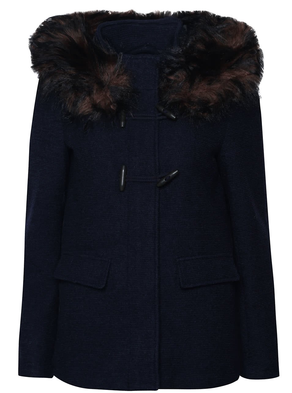 Tmavě modrý vlněný kabát s kapucí a umělým kožíškem ONLY Yatta