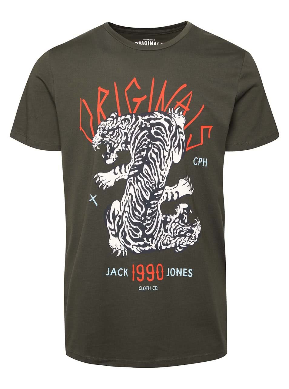 Khaki triko s potiskem tygra Jack & Jones Seikei