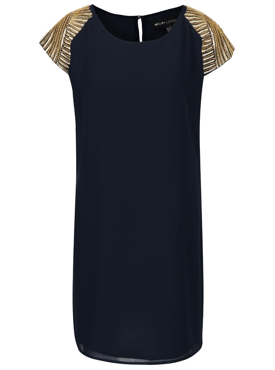 Tmavě modré šaty se aplikací ve zlaté barvě Mela London