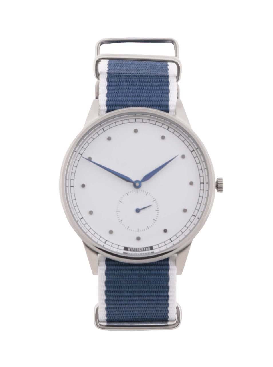 Pánské hodinky ve stříbrné barvě s bílo-modrým textilním páskem HYPERGRAND