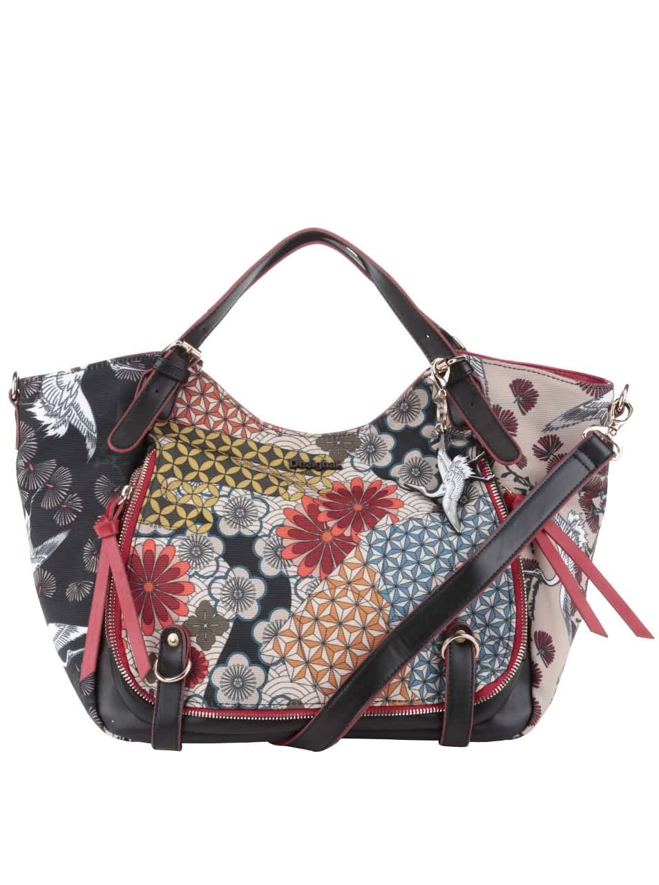 Béžovo-černá kabelka s barevnými květy Desigual Japan Fresh