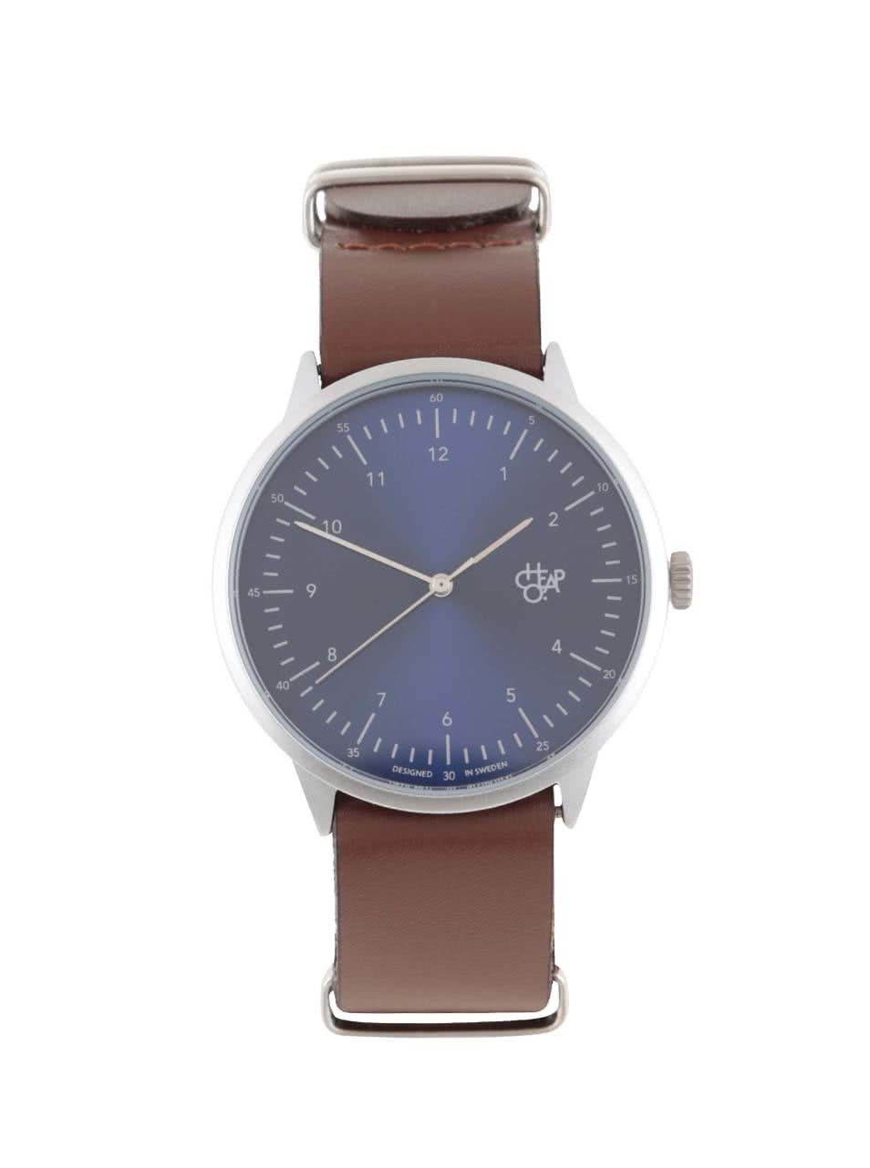 Unisex hodinky ve stříbrné barvě s hnědým koženým páskem Cheapo Harold Navy Metal