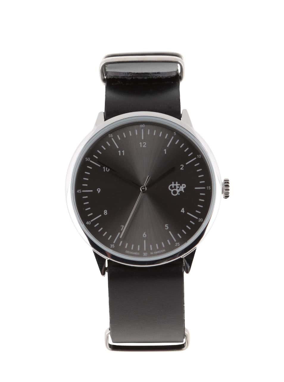 Unisex hodinky ve stříbrné barvě s černým koženým páskem Cheapo Harold Groove Metal