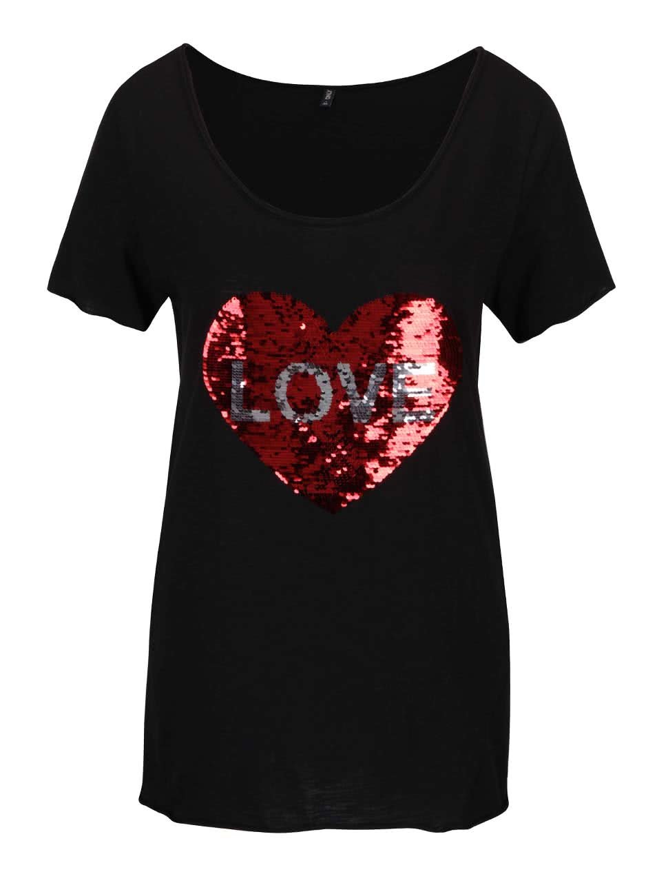 Černé tričko s flitrovaným motivem srdce ONLY Aura