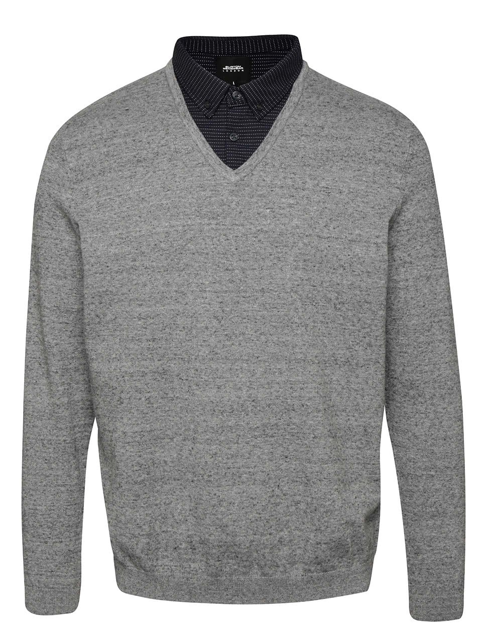 Šedý žíhaný svetr s košilovým límcem Burton Menswear London