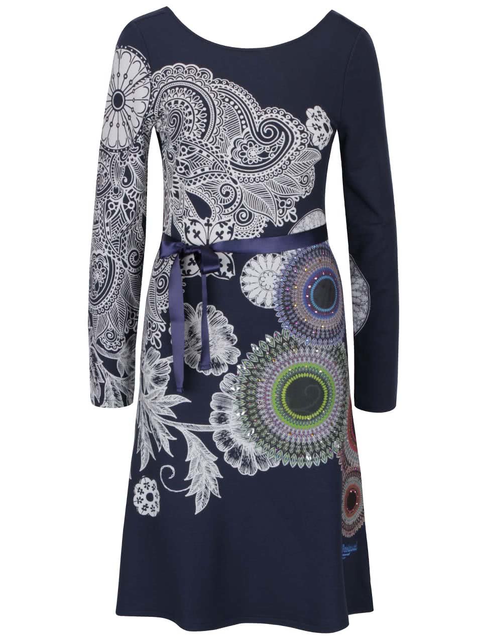Béžovo-modré šaty s ornamenty a dlouhým rukávem Desigual Anais
