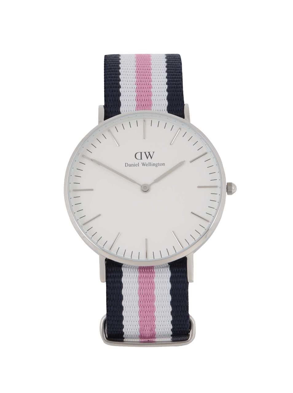 Dámské hodinky ve stříbrné barvě s růžovo-bílo-modrým textilním páskem CLASSIC Southhampton Daniel Wellington