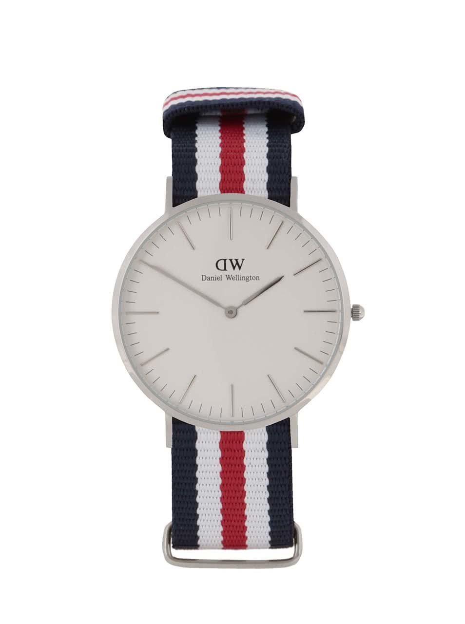 Pánské hodinky ve stříbrné barvě s červeno-bílo-modrým textilním páskem CLASSIC Cantebury Daniel Wellington