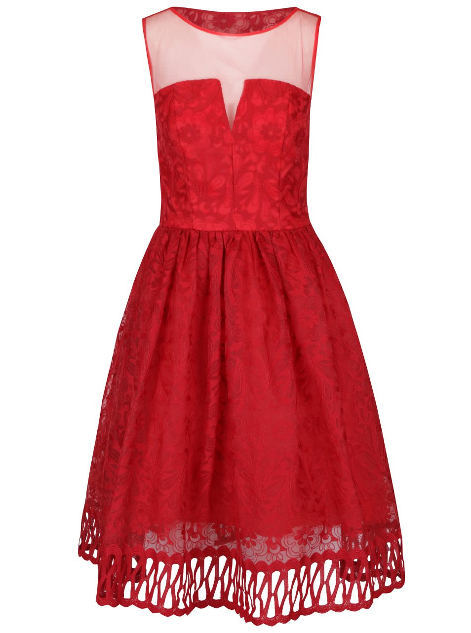 Červené krajkové šaty s průsvitným dekoltem Chi Chi London