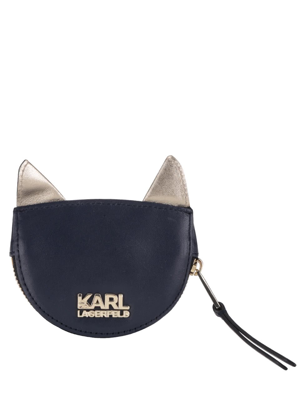 Tmavě modrá kožená prošívaná peněženka na drobné ve tvaru kočky KARL LAGERFELD